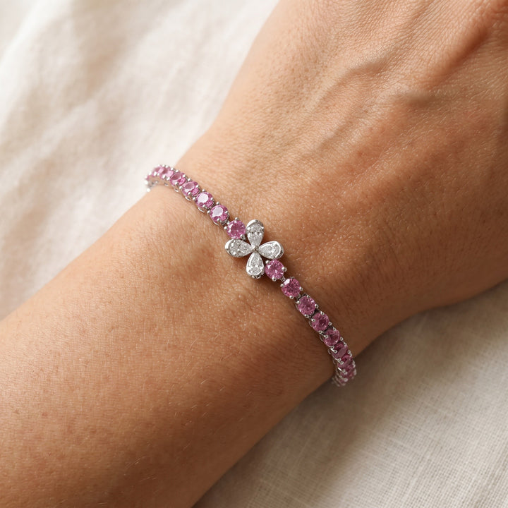 5.42 ct Pink Sapphire and Diamond Floral Tennis Bracelet in 14K White Gold, worn