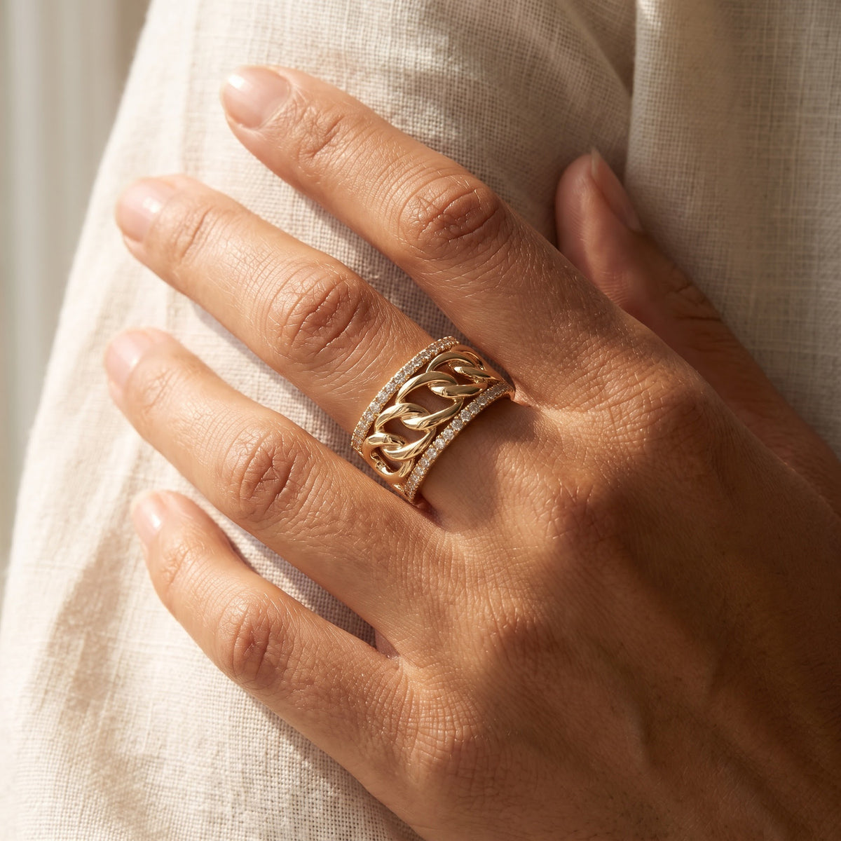 Woven Chain Link Band Ring in Yellow Gold, worn