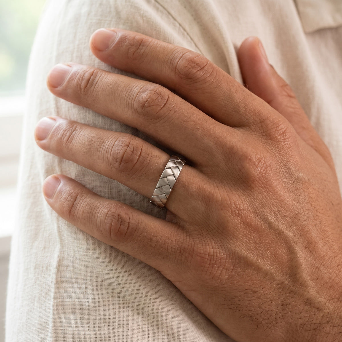 Woven Pattern White Gold Band Ring, worn