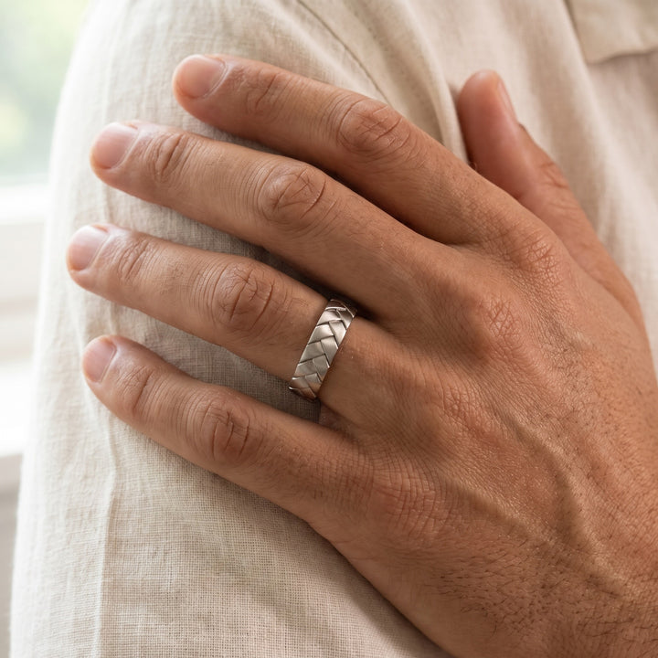Woven Pattern Band Ring in 14K White Gold, worn