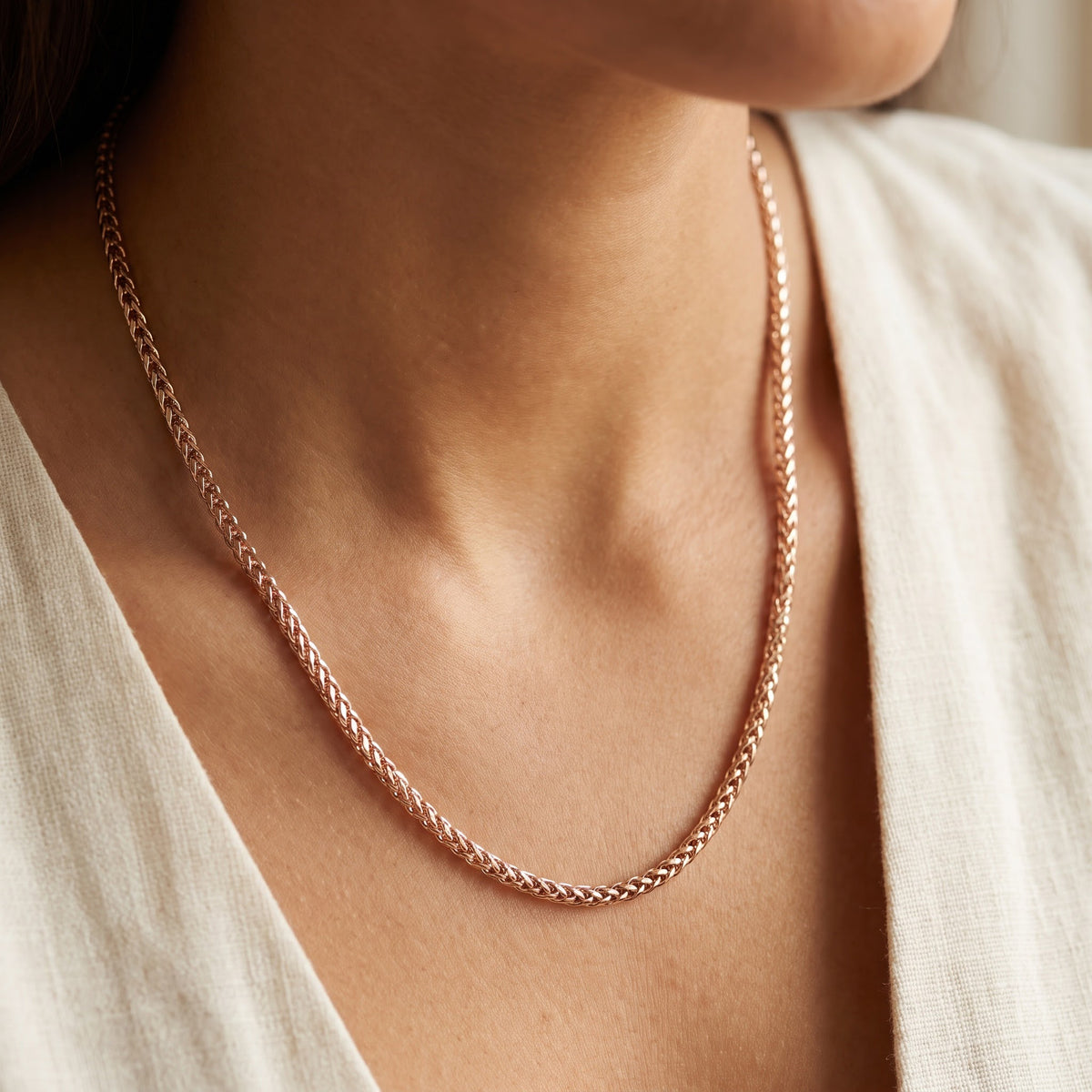 Woven Wheat Chain Necklace in 14K Rose Gold, worn