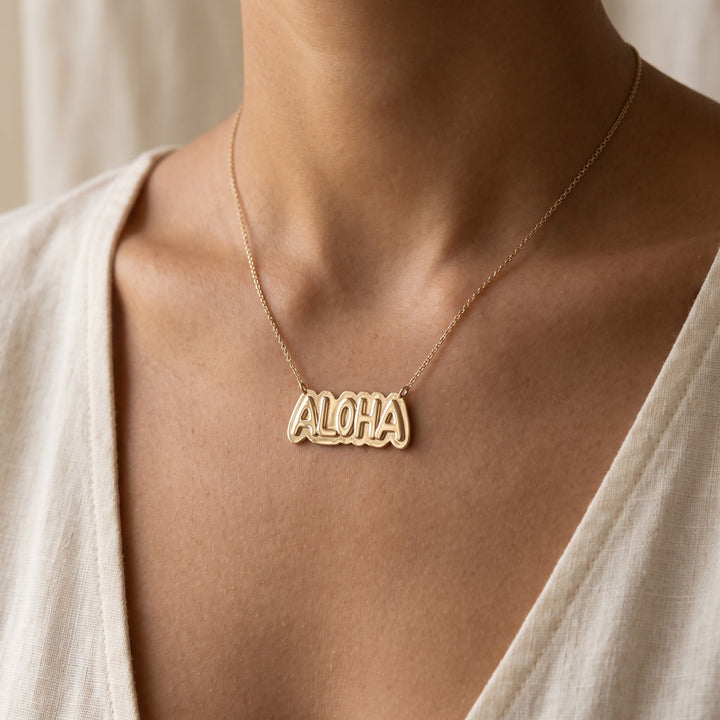 "Aloha" Pendant Necklace in 14K Yellow Gold, worn