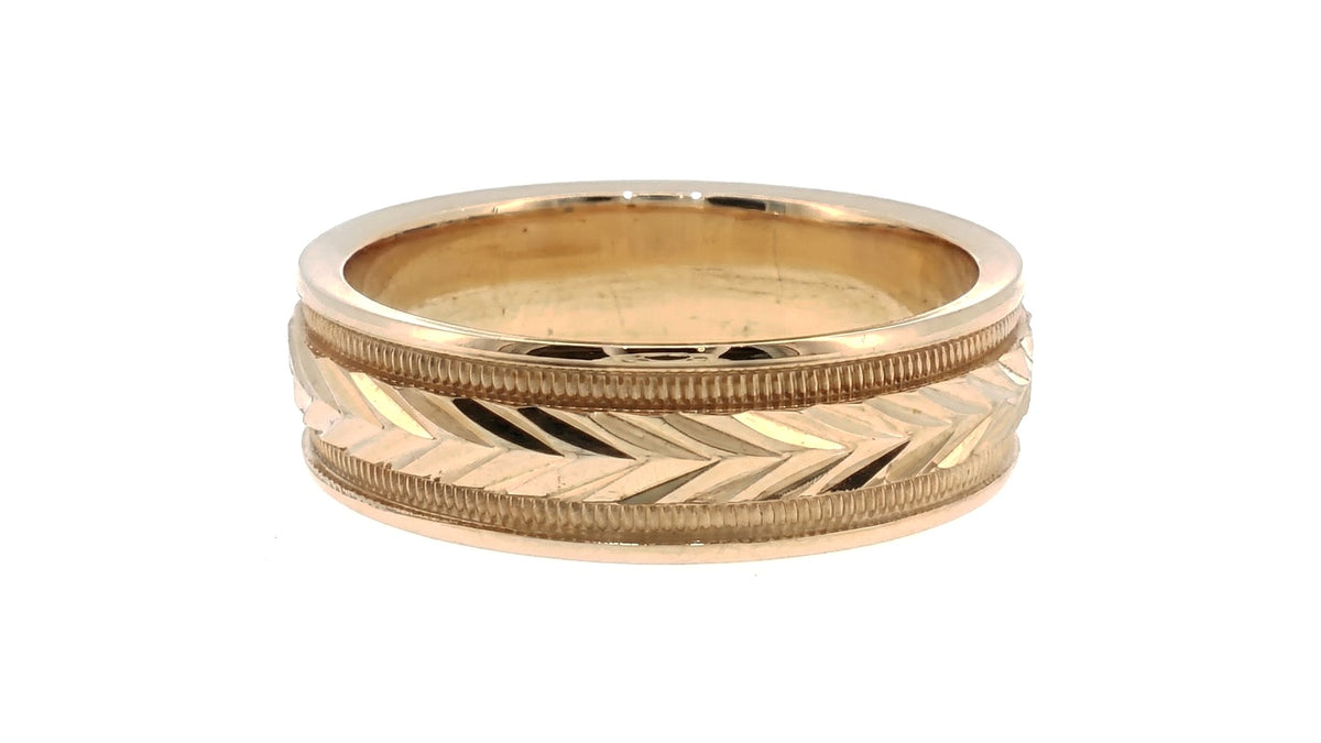 Yellow Gold Chevron Engraved Wedding Band with Milgrain