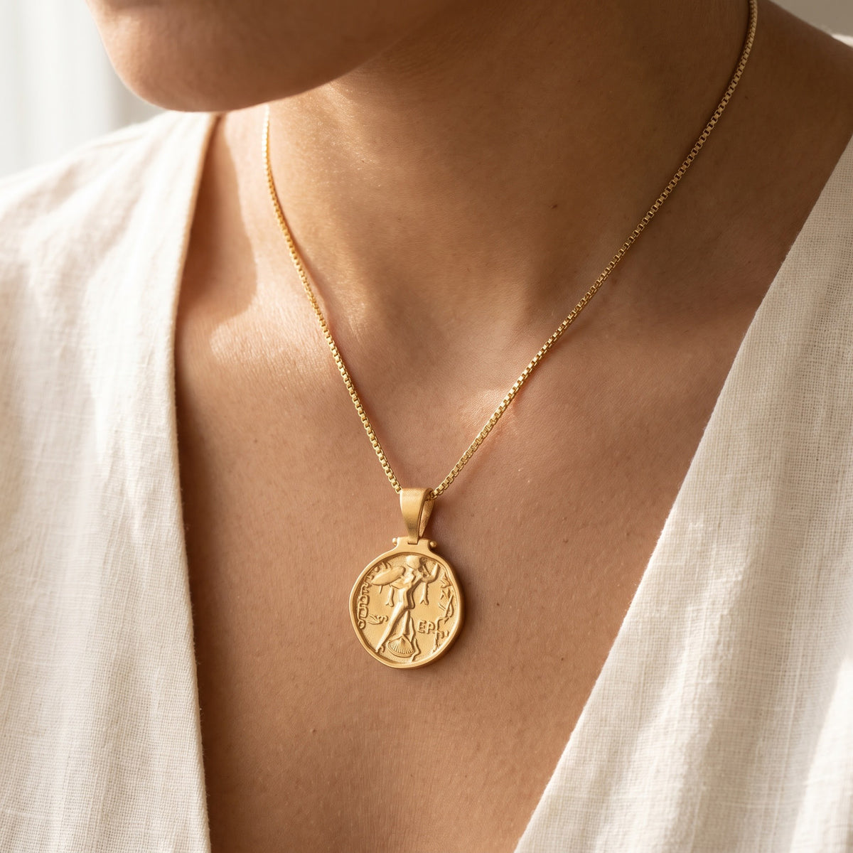 Yellow Gold Coin Pendant Charm Necklace, worn