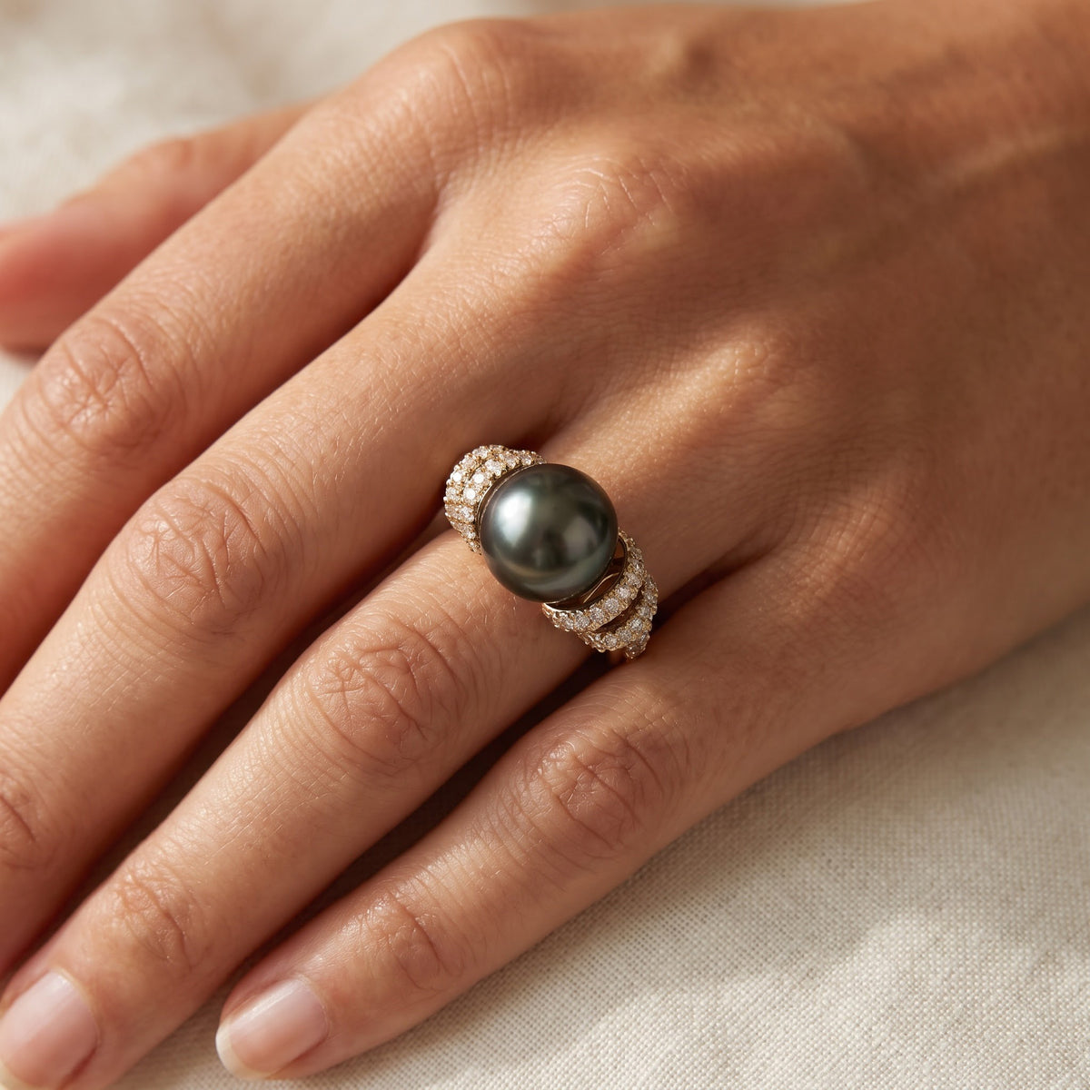 Yellow Gold Dark Pearl Cocktail Ring with Pavé Accents, worn