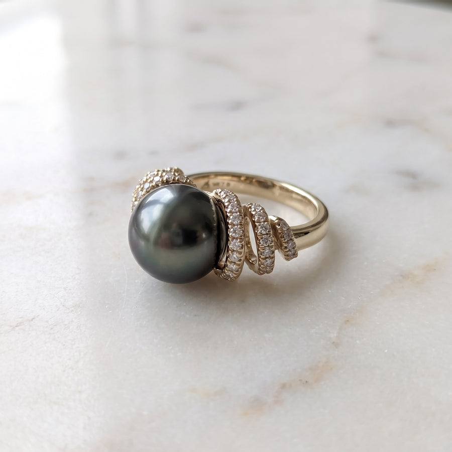Yellow Gold Dark Pearl Cocktail Ring with Pavé Accents