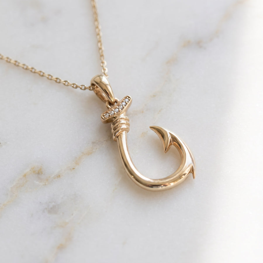 Yellow Gold Diamond Accent Fish Hook Pendant Necklace