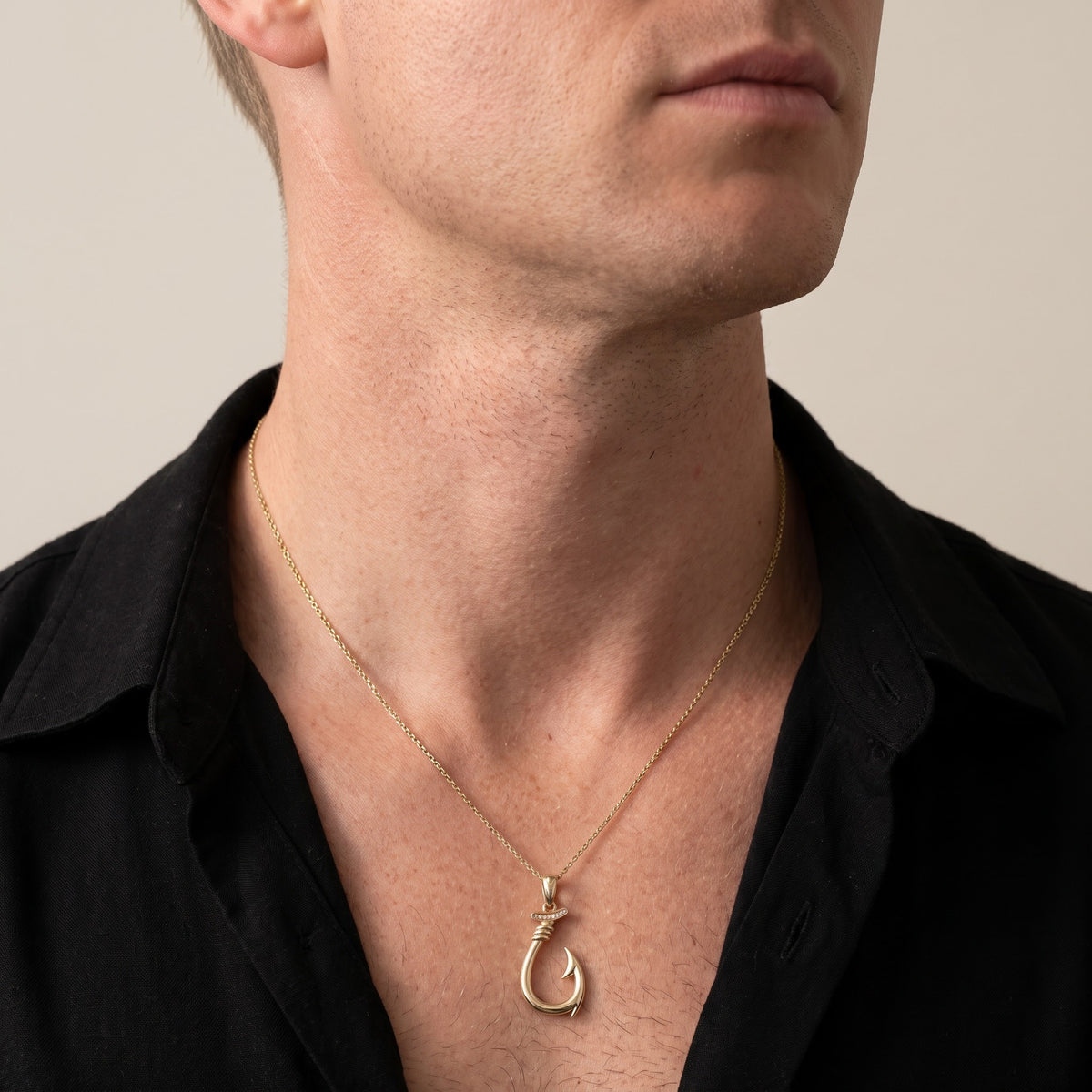 Yellow Gold Diamond Accent Fish Hook Pendant Necklace, worn, second view