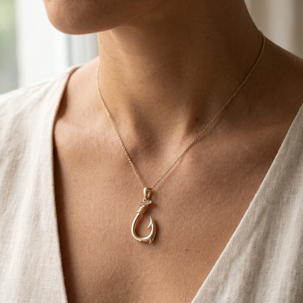 Yellow Gold Diamond Accent Fish Hook Pendant Necklace, worn