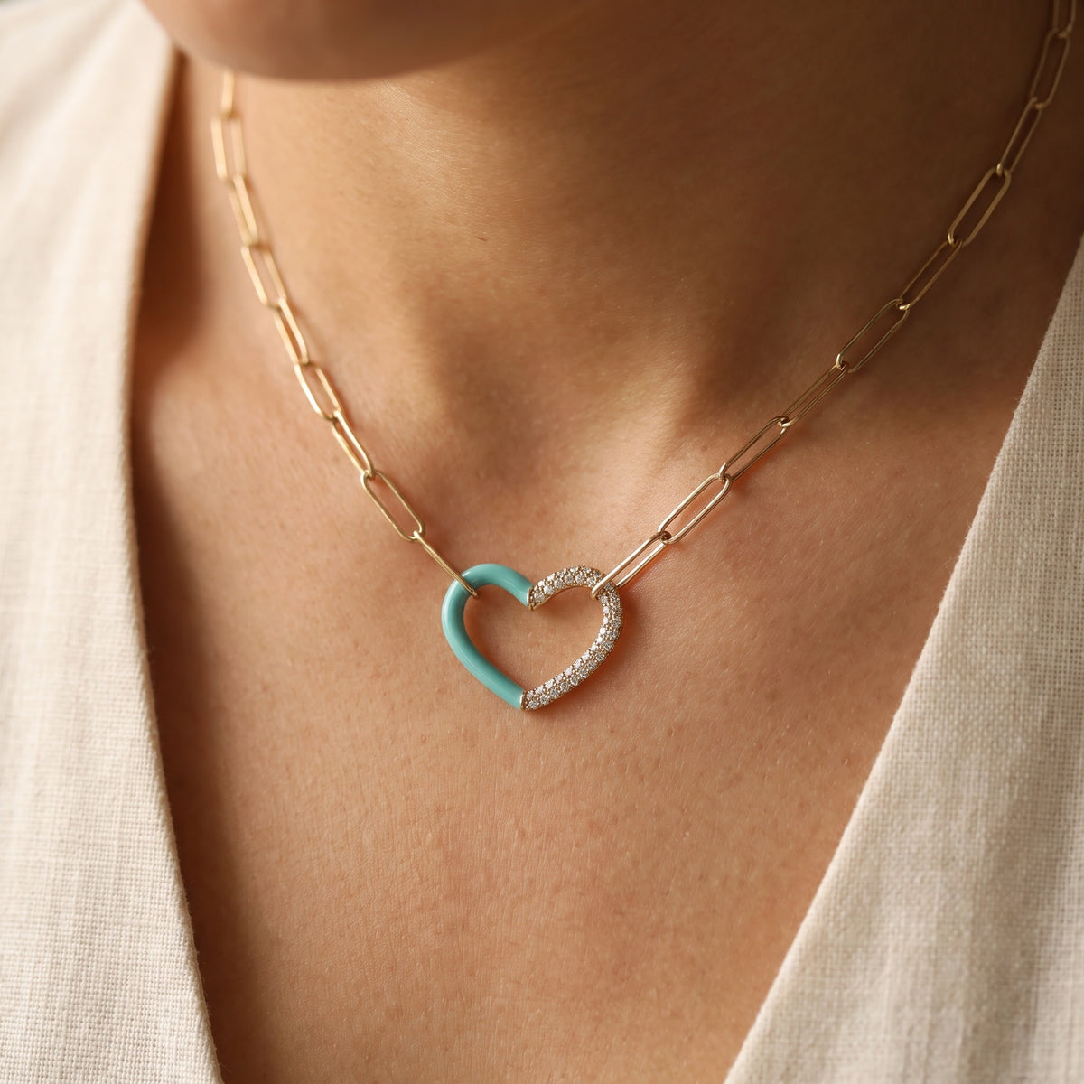 Yellow Gold Diamond and Teal Heart Paperclip Chain Necklace, worn