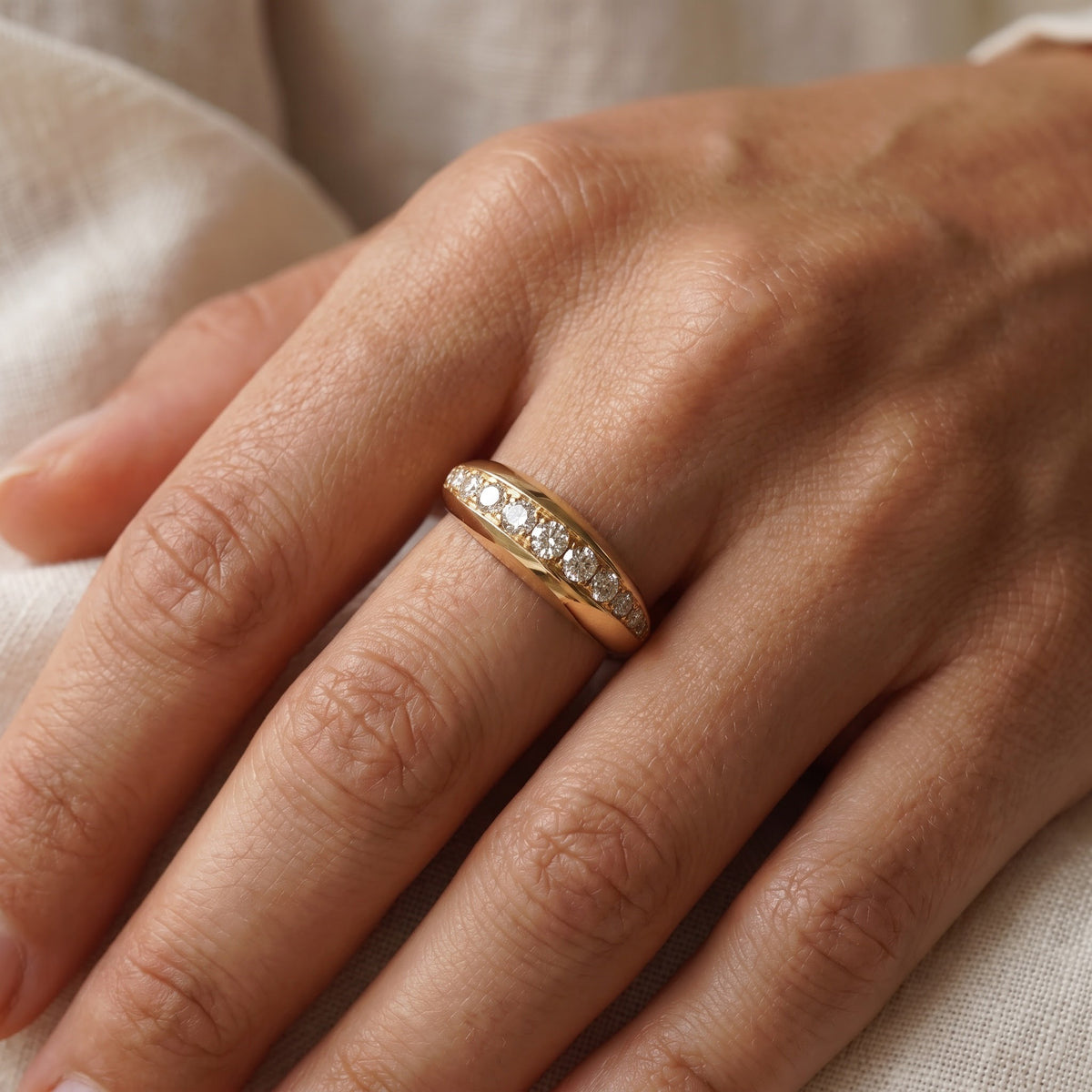 Yellow Gold Diamond Band Ring, worn