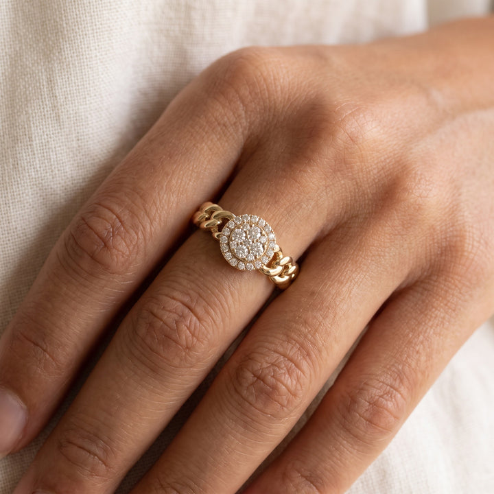 0.26 ct Diamond Cluster Curb Chain Ring in 14K Yellow Gold, worn