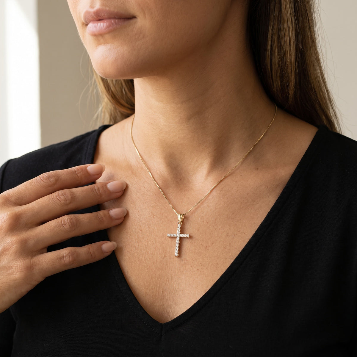 Yellow Gold Diamond Cross Pendant Necklace, worn, second view