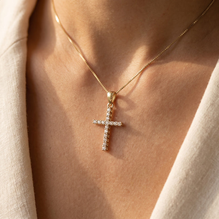 0.07 ct Diamond Cross Pendant Necklace in 14K Yellow Gold, worn