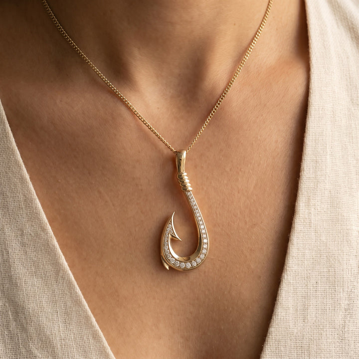 0.64 ct Diamond Fish Hook Pendant in 14K Yellow Gold, worn