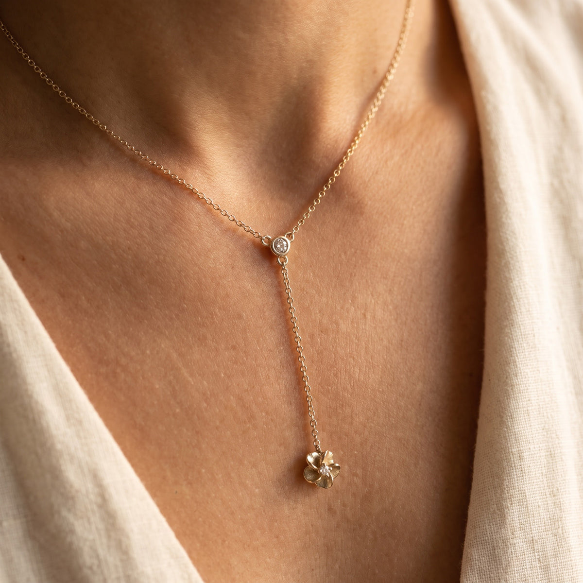 Yellow Gold Diamond Floral Lariat Necklace, worn
