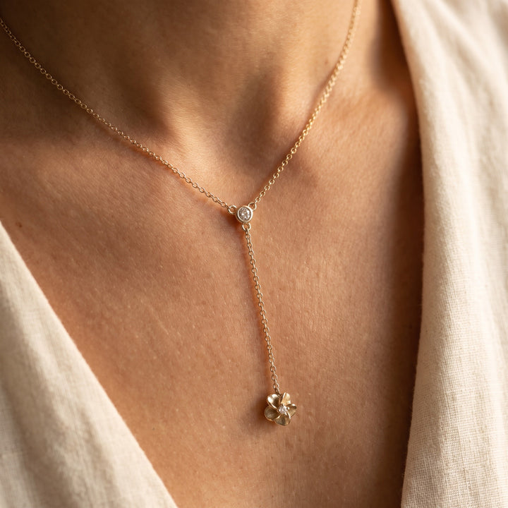 0.05 ct Diamond Floral Lariat Necklace in 14K Yellow Gold, worn