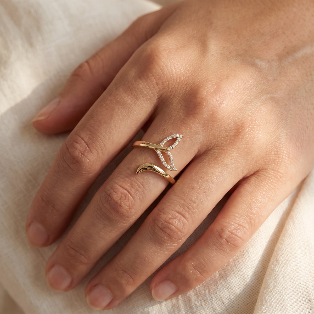 Yellow Gold Diamond Openwork Bypass Ring, worn
