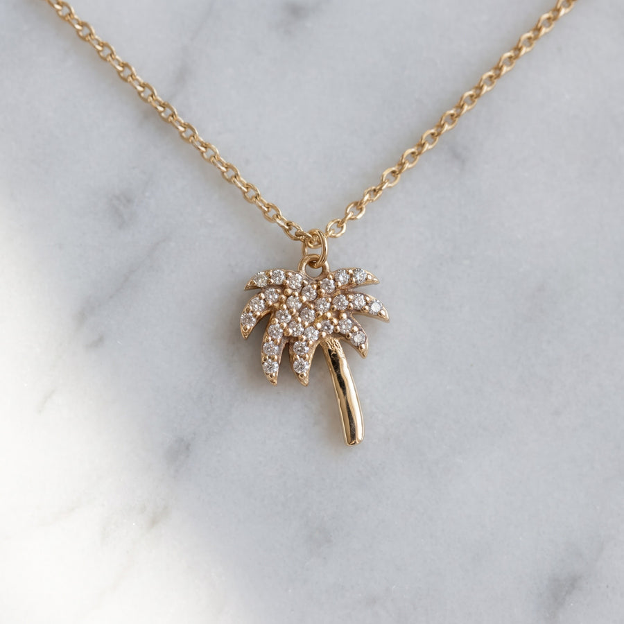 Yellow Gold Diamond Palm Tree Charm Necklace