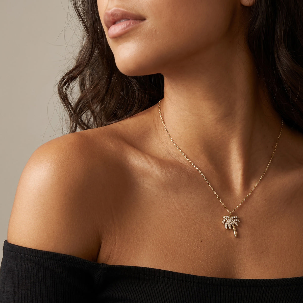 Yellow Gold Diamond Palm Tree Charm Necklace, worn, second view