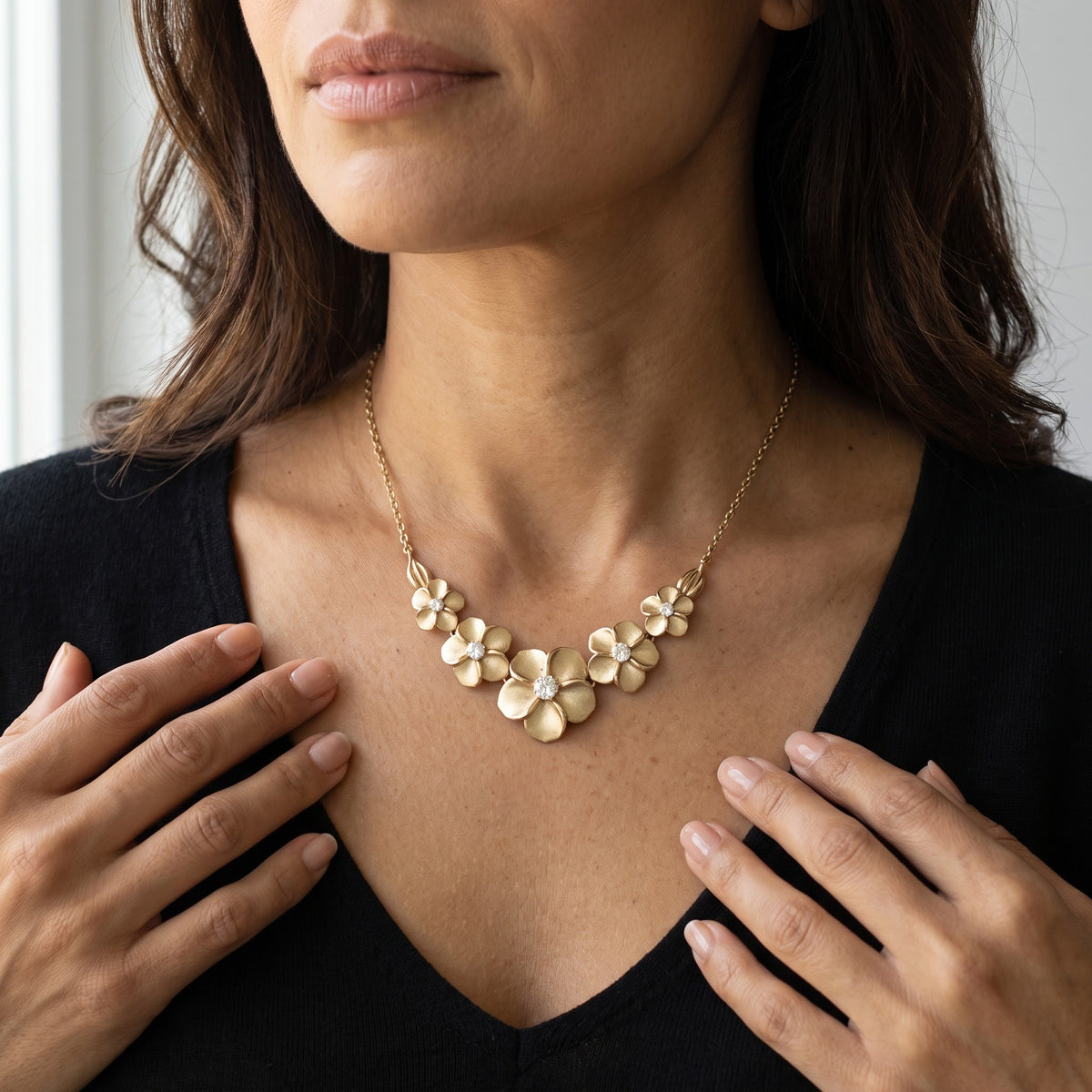 Five-Flower Yellow Gold Diamond Plumeria Necklace, worn, second view