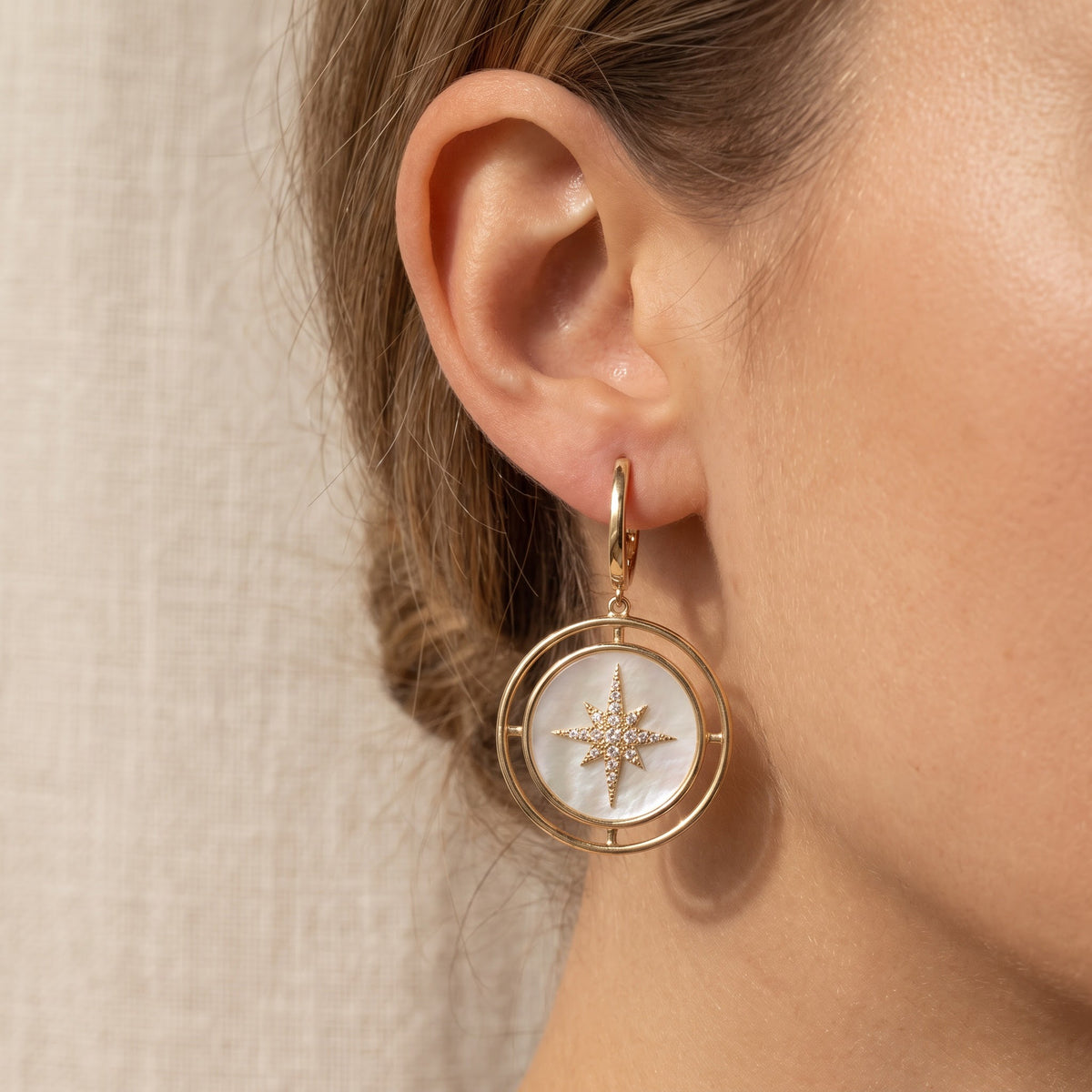 Yellow Gold Diamond Starburst Disc Drop Earrings, worn