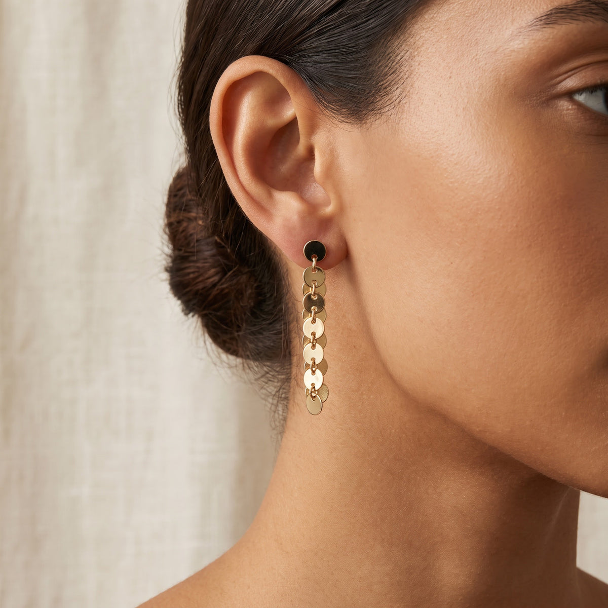 Yellow Gold Disc Dangle Earrings, worn