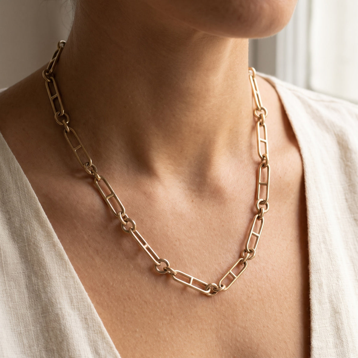 Yellow Gold Elongated Mariner Link Chain Necklace, worn