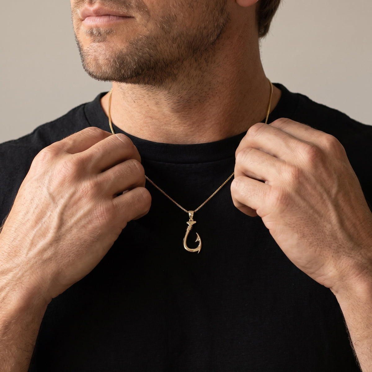 Yellow Gold Fish Hook Pendant on Box Chain, worn