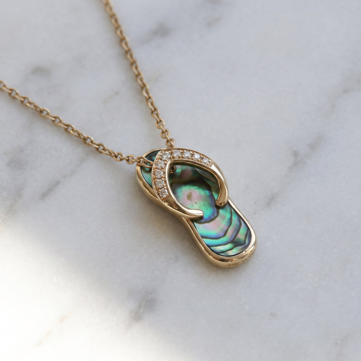 Abalone Inlay and Diamond Flip-Flop Charm Necklace in 14K Yellow Gold