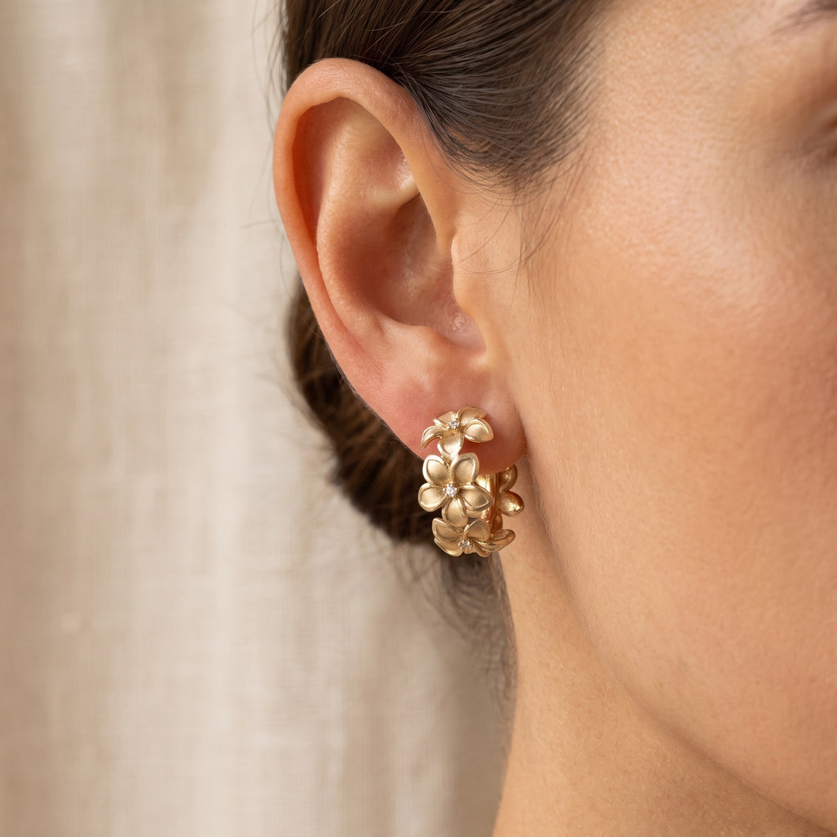 Yellow Gold Floral Hoop Earrings with Diamonds, worn