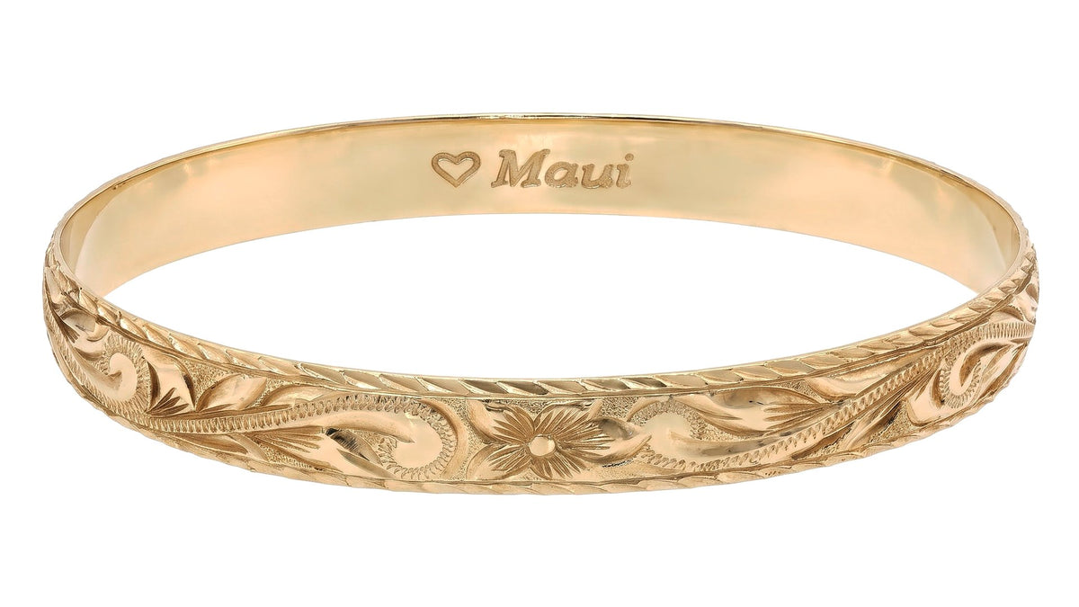 Yellow Gold Floral Scroll Engraved Bangle Bracelet