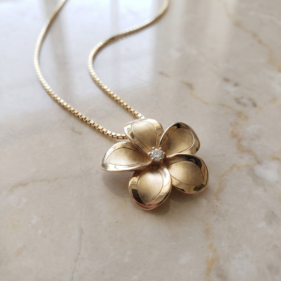 Yellow Gold Flower Pendant Necklace with Diamond Center