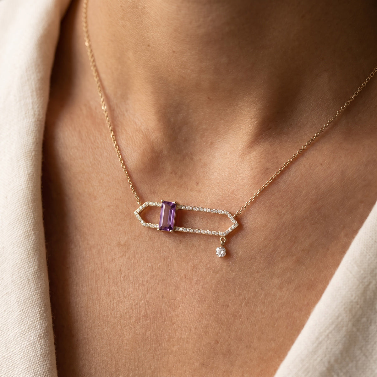 Yellow Gold Geometric Open Frame Amethyst Necklace, worn