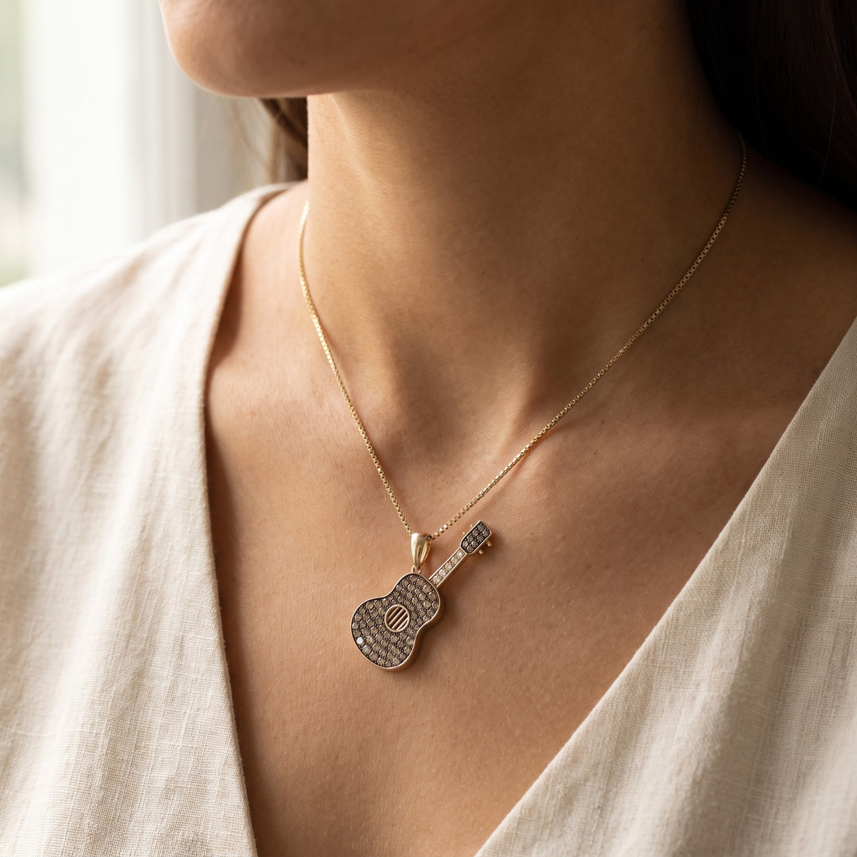 Yellow Gold Guitar Charm Necklace, worn