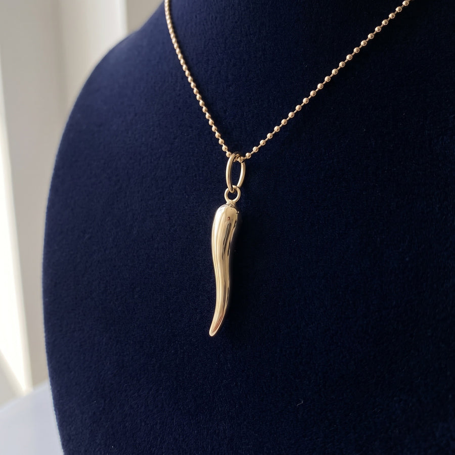Yellow Gold Horn Charm Necklace on Bead Chain