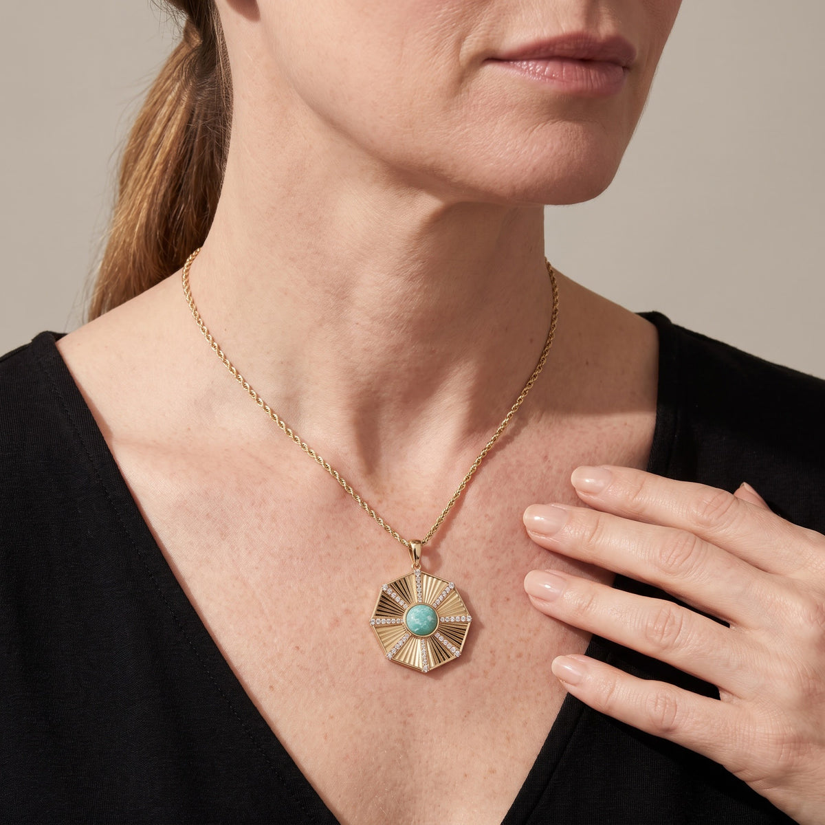 Amazonite and Diamond Sunburst Octagon Pendant Necklace in 18K Yellow Gold, worn, second view