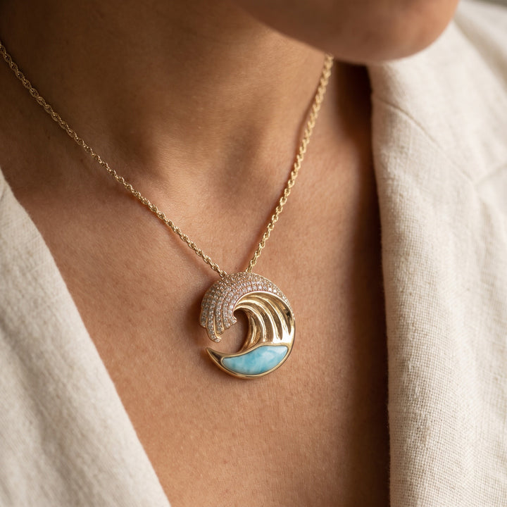 Larimar and Diamond Wave Pendant Necklace in 14K Yellow Gold, worn