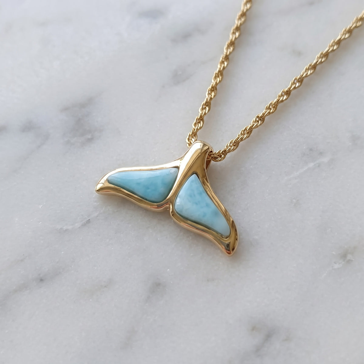 Yellow Gold Larimar Whale Tail Charm Necklace