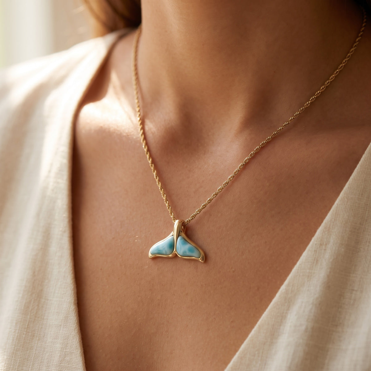 Yellow Gold Larimar Whale Tail Charm Necklace, worn