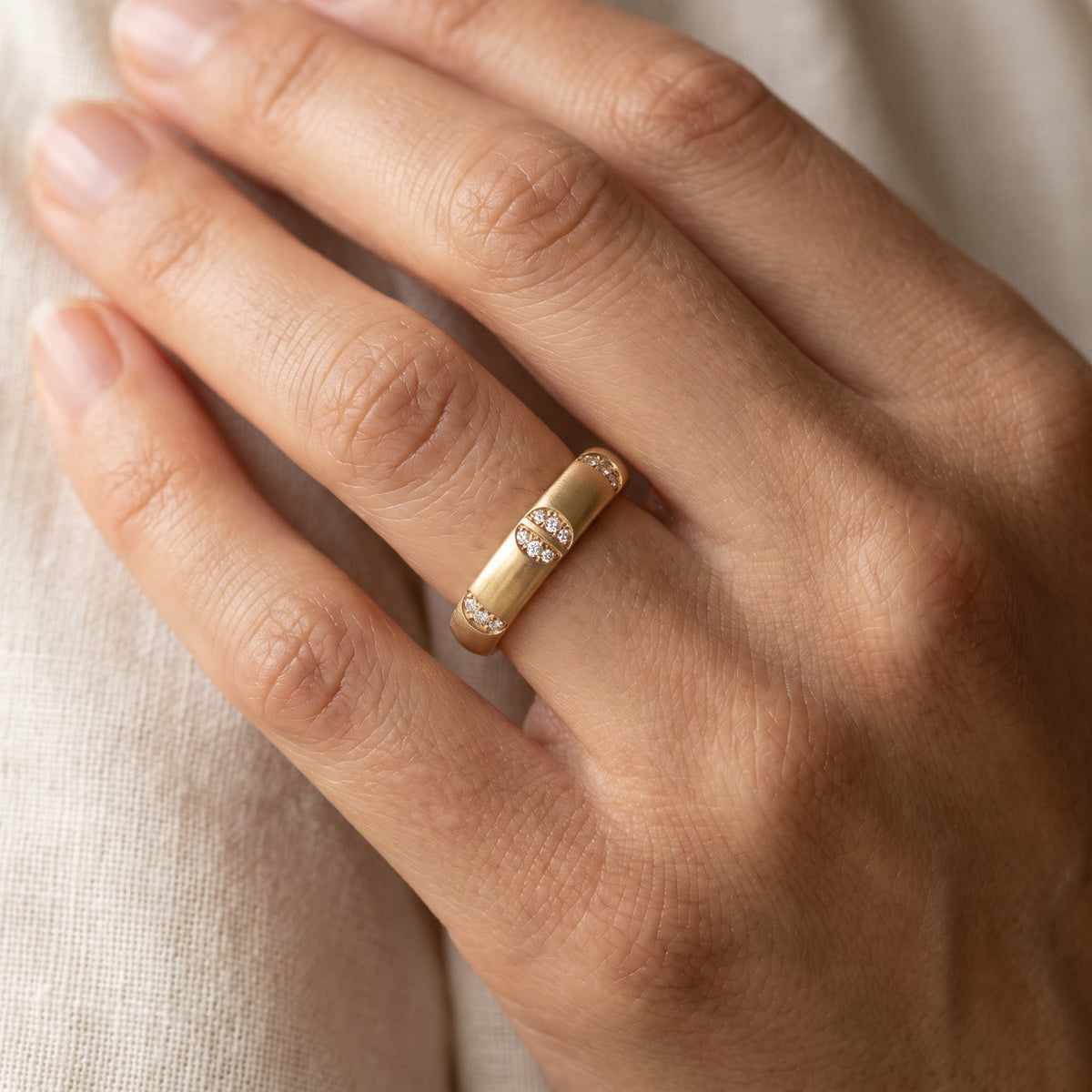 Yellow Gold Matte Finish Diamond Accent Band Ring, worn