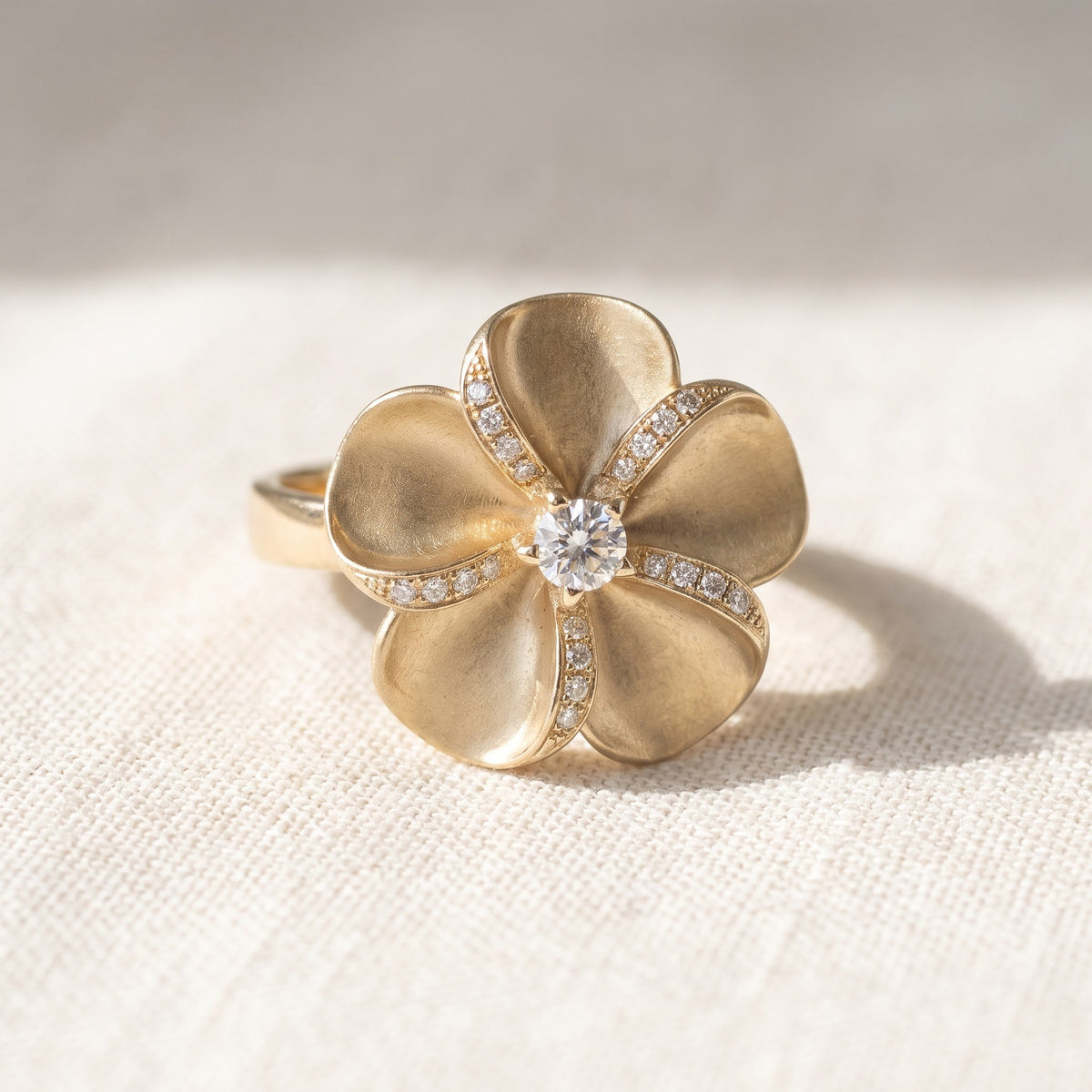 Yellow Gold Matte Finish Plumeria Diamond Cocktail Ring
