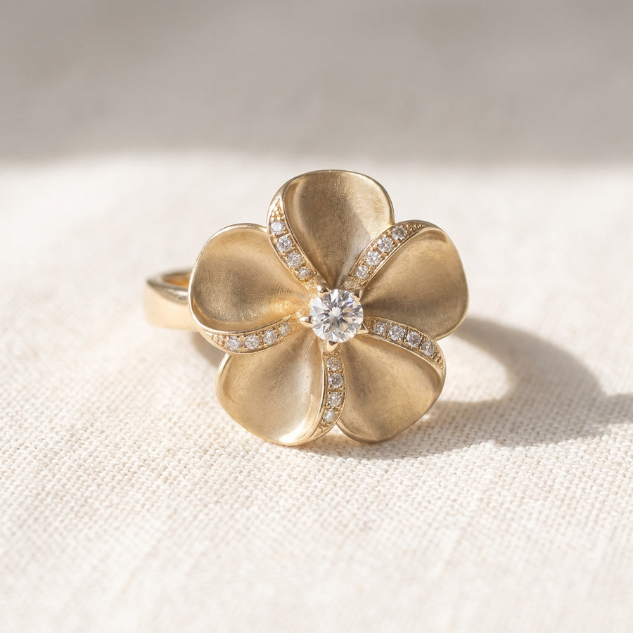 Yellow Gold Matte Finish Plumeria Diamond Cocktail Ring