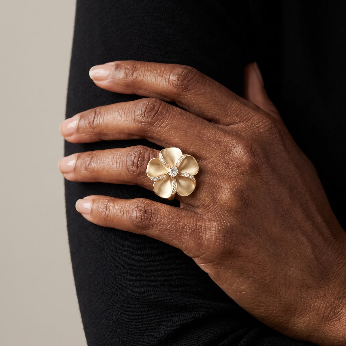 Yellow Gold Matte Finish Plumeria Diamond Cocktail Ring, worn, second view
