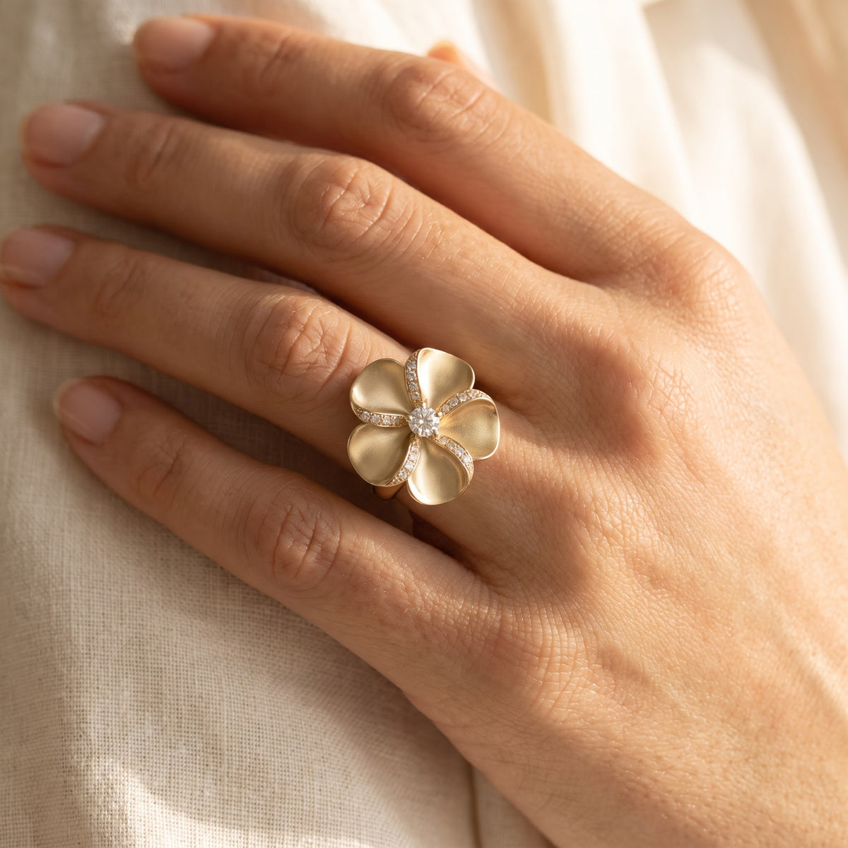 Yellow Gold Matte Finish Plumeria Diamond Cocktail Ring, worn