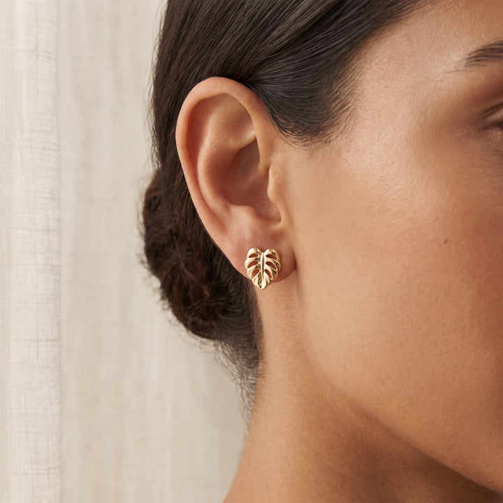Monstera Leaf Stud Earrings in 14K Yellow Gold, worn