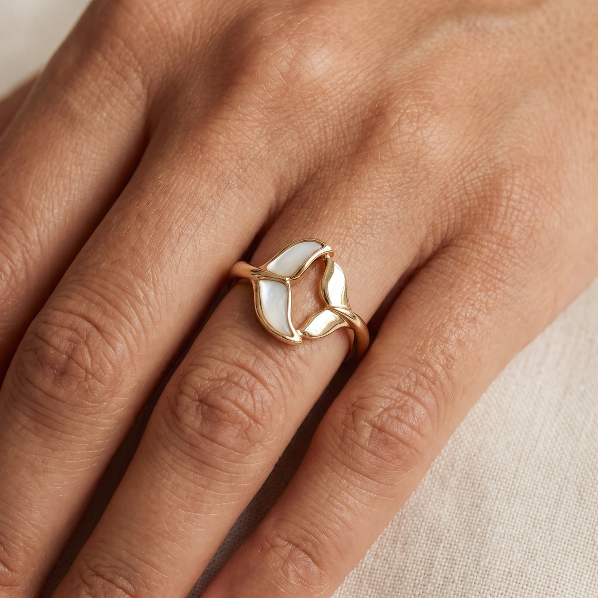 Yellow Gold Mother-of-Pearl Inlay Bypass Ring, worn