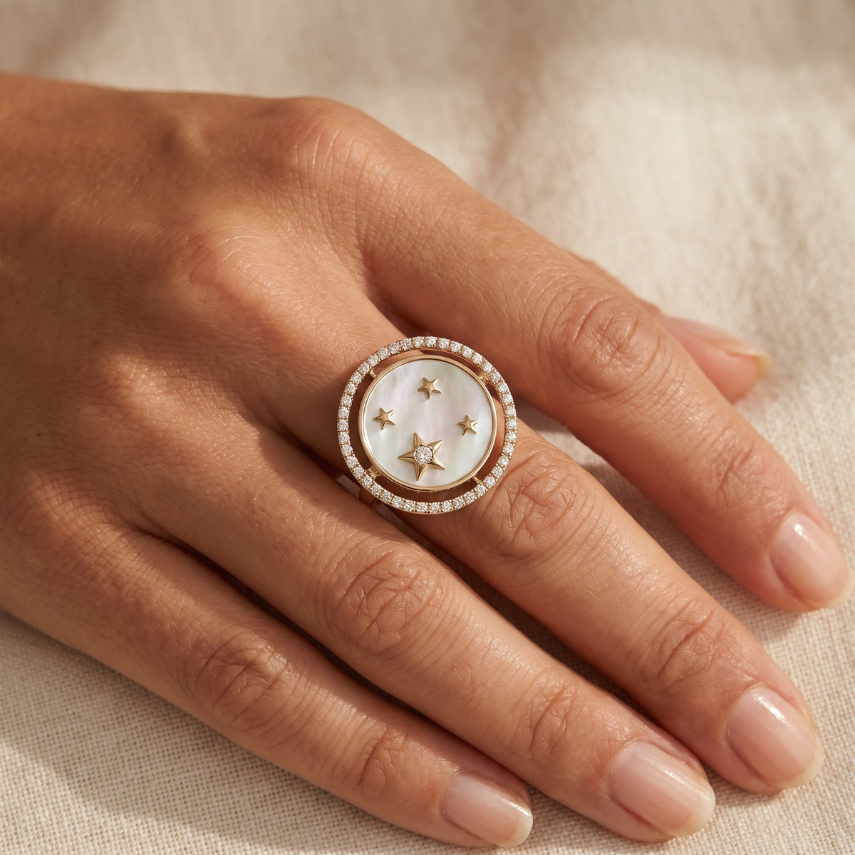 Yellow Gold Mother-of-Pearl Star Motif Cocktail Ring, worn