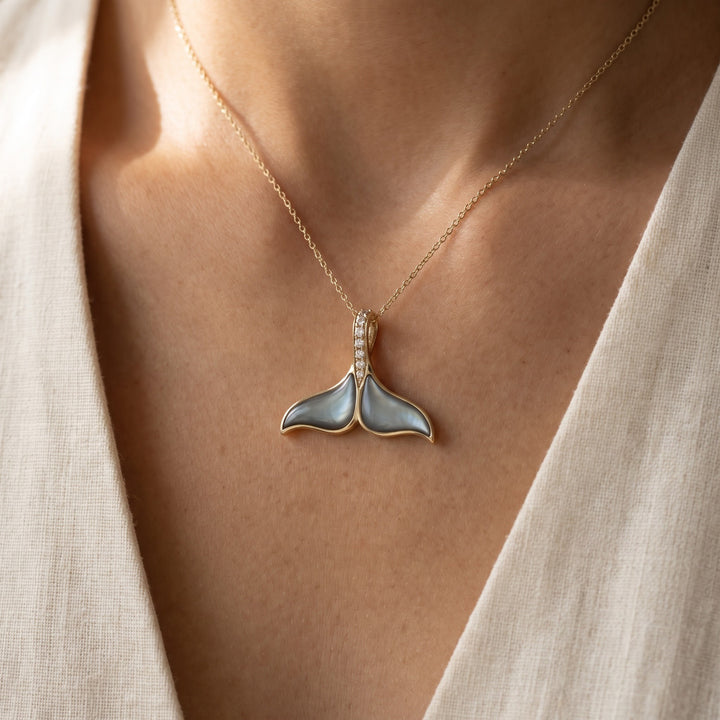 2.12 ct Mother of Pearl and Diamond Whale Tail Pendant Necklace in 18K Yellow Gold, worn
