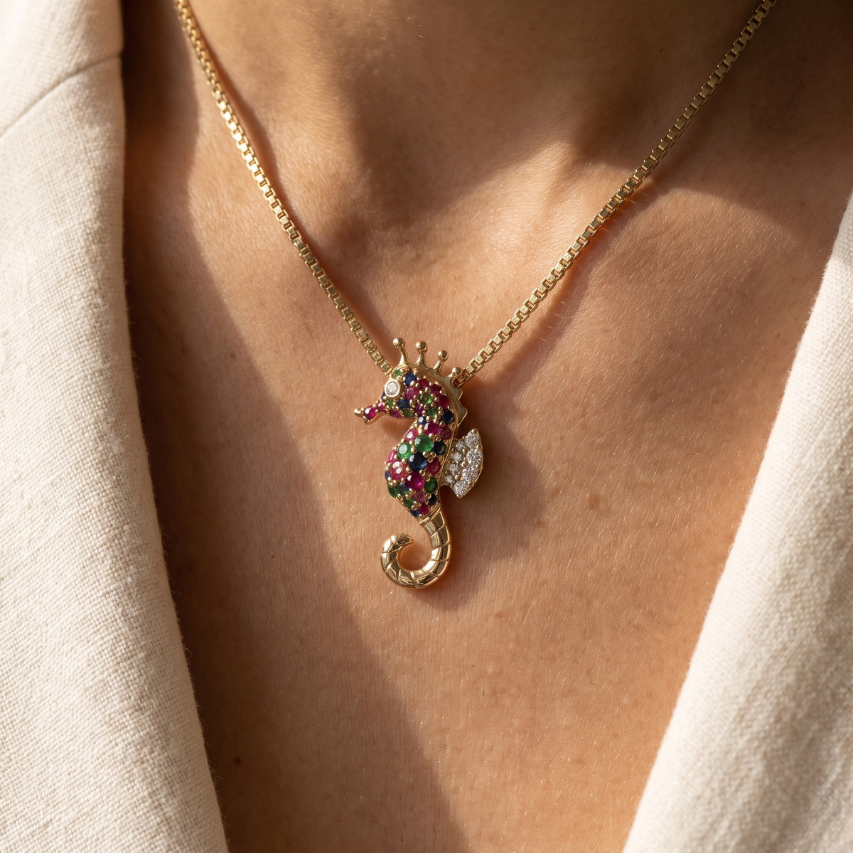 Yellow Gold Multi-Gemstone Seahorse Pendant, worn